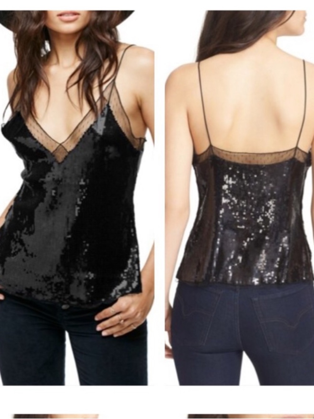 Free People Black Sequin Lace-Trim Cami Top Medium
